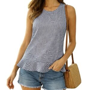 TOMMY HILFIGER Gingham Peplum Top Women Medium Blue White Sleeveless Cotton